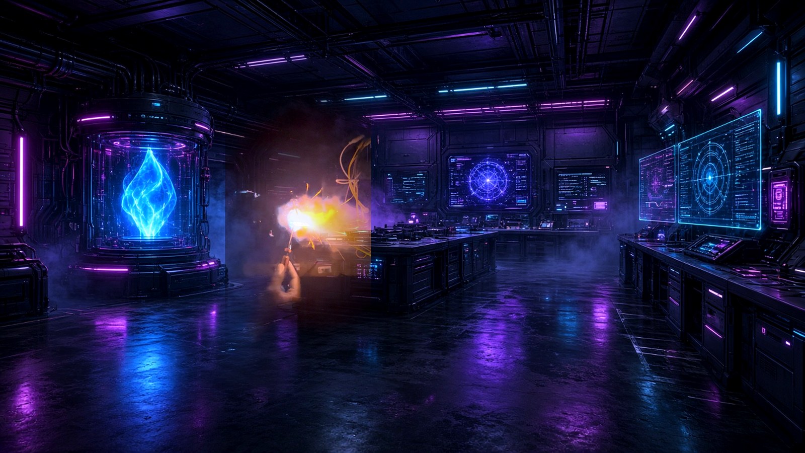 Orange plasma blast during a field test in the Dark Plaz lab